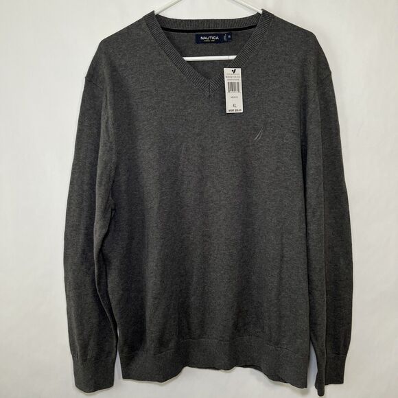 Nautica V Neck Sweater Mens Size XL Gray Long Sleeve Embroidered Logo Knit NWT - Picture 1 of 10